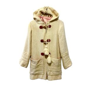 Vintage 70s Wool Woven Coat Beige/Pale Yellow Wood Toggles Hood Tooled Leather S